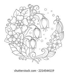 a drawing of flowers and leaves in the shape of a circle on a white background