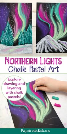 Christmas Art Chalk Art Techniques, Art Projects With Oil Pastels, Oil Pastel Art For Kindergarten, Easy Grade 2 Art Ideas, Elementary Projects Fun, Art Classroom Activities, Chalk Northern Lights, Emily Carr Art For Kids, Art Ideas For 3rd Grade