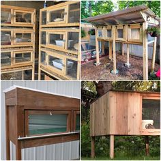 several different types of chicken coops in various stages of construction and installation, including the roof