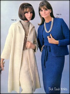 Vintage crochet pattern PDF to make both a Long Coat & Skirt Set and a Dress & Jacket Set for women or teenage girls, circa 1960's. The long coat & skirt set, known as a "walking suit" (at left in photo), is crocheted in sport weight yarn on a size 1 steel crochet hook (equivalent to a US size C or 2.75mm) at a gauge of 5 shells = 3" (7.6cm). The dress & jacket set (at right in photo) is crocheted in worsted weight yarn on a size 0 steel crochet hook (equivalent to a US size D or Crochet Outerwear, Lamb Clothes, Crocheted Dresses, Textured Crochet, Coat Skirt, Dress And Jacket Set, Vintage Crochet Pattern, Suit Pattern, Crochet Vintage