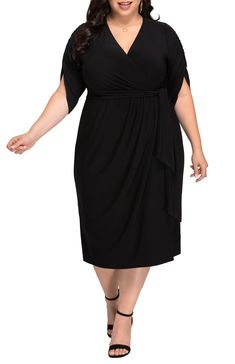 Modeled on the classic wrap dress, the Eden Faux Wrap Dress features a faux tie belt that accentuates your curves to create an elegant hourglass silhouette. The ruched high-low sleeves add an unexpected update to this little black dress. Designed exclusively for curvy figures in women's plus sizes. -Material: Self: 95% Polyester, 5% Spandex/Lining: 100% Polyester -Care Instructions: We recommend machine washing inside out in cold water on the gentle cycle. Do not bleach. Lay flat to dry. Cool ir Black Wedding Guest, Black Wedding Guest Dresses, The Eden, Guest Attire, Drape Sleeves, Wedding Attire Guest, Black Wrap Dress, Faux Wrap Dress, Black Wedding