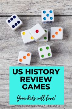 dices with the words us history review games for kids will love on it and in front of them