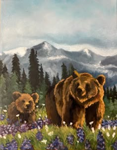 a painting of two brown bears in the wildflowers with mountains in the background