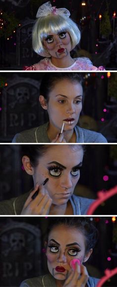 Want an easy, creepy costume this Halloween? Try this Creepy Doll look! Makeup tutorial for Halloween! Creepy Doll! Step by step video tutorial | Hello Gorgeous Blog by Angela Lanter Doll Makeup Halloween Easy, Doll Look Makeup, Makeup Halloween Easy, Scary Doll Makeup, Doll Halloween Makeup