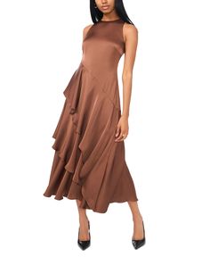 in stock Asymmetrical Tiered Skirt, Midi Dress Brown, Ruffle Maxi Dress, Ruffle Design, Ruffle Midi Dress, Silky Fabric, Long Dress Casual, Under Dress, Ruffled Maxi Dress