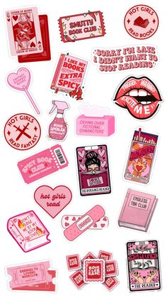 various stickers and decals on a white surface with pink ink, including lips, lipstick