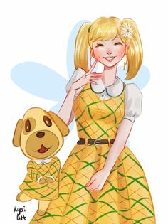 a drawing of a girl in a yellow dress with a dog on her lap and the caption says, i'm sorry