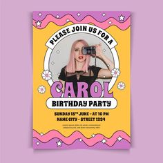 a flyer for a birthday party with a woman holding a camera in front of her face