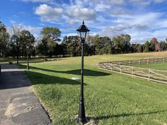 a street light sitting on the side of a road next to a lush green field