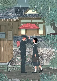 two people standing under an umbrella in the rain near a bicycle and building with trees