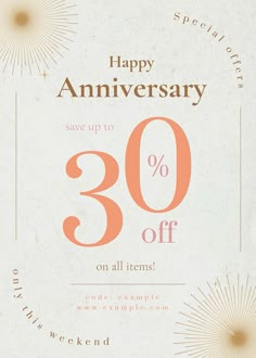 a white and orange 30th anniversary card with the words, happy anniversary save up to 30 % off on all items