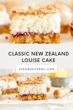 a close up of a slice of cake on a plate with the words classic new zealand louise cake