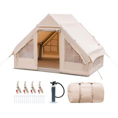 a tent with the door open and several accessories attached to it, including an air pump