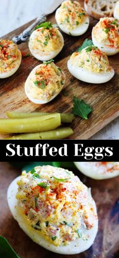 deviled eggs are stuffed with cheese and garnished with herbs