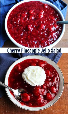 two bowls of cherry pineapple jello with whipped cream