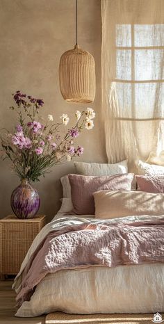 a bed with pink linens and pillows in front of a window