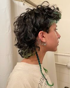 green curly hair rat tail enby haircut shag mullet shullet braids piercings Short Mullet Colored Hair, Mullet Pigtails, Mullet With Rat Tail Braids, Raccoon Tail Hair Curly, Mullet With Braids, Rat Tails Hairstyles, Rat Tail Hairstyle, Enby Haircuts, Green Curly Hair