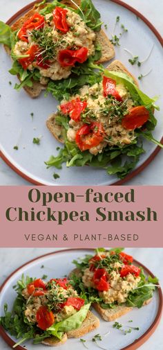 open faced chickpea smash with tomatoes and lettuce on toasted bread