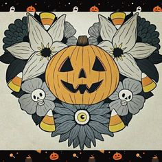 a pumpkin surrounded by flowers and skulls on a white background with the words happy halloween written below it