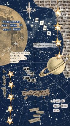 a collage of stars, planets and the words we love to have written on them