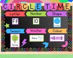 a colorful bulletin board with different words and pictures on it, including the word circle time