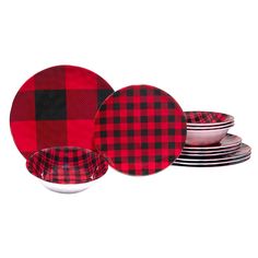 red and black buffalo plaid dinnerware set with matching plates, bowls and napkins