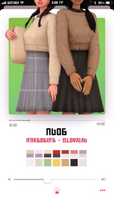 two women are standing next to each other with their hands on their hipss and one is wearing a brown sweater