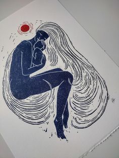 A handprinted nature inspired linocut art print, of a mother embracing her baby in a relaxed fetal-like position as the sun rises at the nape of her neck. She is all encompassing - tenderly clasping her baby to her bosom as her face meets her child's. Her long flowing hair, extends and surrounds them both - creating strands of gentle waves folding inwards. Drawing her infant closer, towards the heart of a mother's love. Two colour print in a Blue and Red Relief Ink on archival fine art paper in Mum And Baby, A Mother's Love, The Sun Rises, Mother Art, Flowing Hair, Baby Cradle, Mother's Love, Linocut Art, Sun Rises