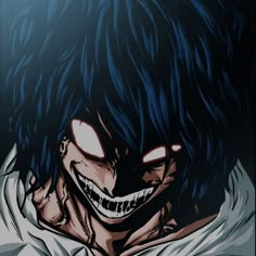 an anime character with blue hair and red eyes, wearing a creepy smile on his face