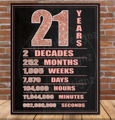 a black and pink 21st birthday sign with the number twenty years on it, sitting in front of a brick wall