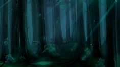 a dark forest filled with lots of trees and green light coming from the top of it