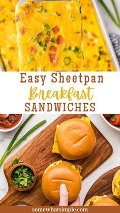 an easy to make breakfast sandwich with eggs and cheese on it, next to other food items