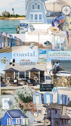 the collage shows different types of houses and buildings on the beach, along with words that read coastal