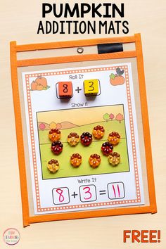 Addition Mats, Dice Addition, Centers In Kindergarten, Pumpkin Activity, Centers First Grade, Fall Math Centers, Pumpkins Kindergarten, Fall Math Activities, Pumpkin Math