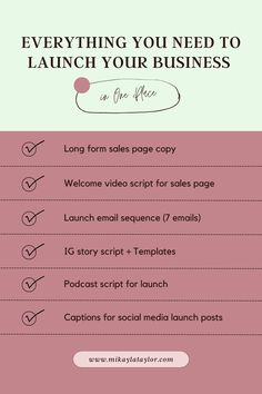 a pink and white flyer with the words everything you need to launch your business on one page