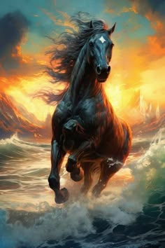 a painting of a horse running in the water