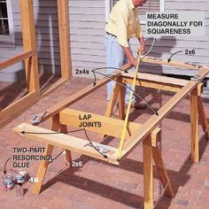 a man working on building a patio with wood framing and instructions to install the frame