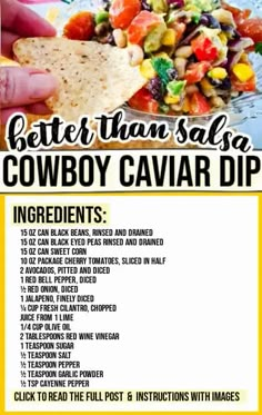 a recipe for better than salsa cowboy cavia dip is shown in the bottom right corner