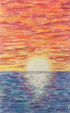 a drawing of the sun setting over the ocean