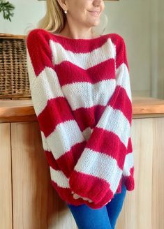 🌟 Embrace modern classic with our Red White Striped Sweater! 🌟Sweaters for Women Trendy  Wrap yourself in warmth and style with this exquisitely hand knit sweater, lovingly made by skilled artisans. Crafted from the finest mohair yarn, this piece combines luxurious softness with timeless design. 🎨 Chic Design: Featuring classic red and white stripes, this sweater adds a pop of color to any ensemble. The bold yet versatile design effortlessly transitions from casual outings to cozy nights. 🧶 Red And Pink Striped Sweater, Red And White Striped Sweater, Red Hand-knitted Sweater, Casual Red Knitted Sweater, Red Casual Sweater, Red Hand Knitted Crew Neck Sweater, Casual Hand Knitted Red Sweater, Red Knit Pattern For Fall, Red Knit Fall Knitting Pattern