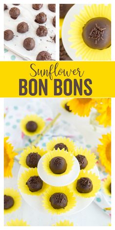 sunflower bon bons with chocolate on top and in the middle, surrounded by flowers