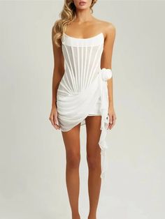 Mackenzie Off Shoulder Backless Mini Dress - Fashion Pov Corset Draping, Dirndl Outfit, Mesh Corset, Chiffon Mini Dress, Corset Mini Dress, Chiffon Flowers, Mini Robes, Backless Mini Dress, White Chiffon