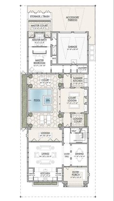 the floor plan for a house with two levels and an indoor swimming pool in the middle