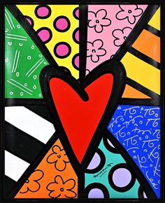 an abstract painting with many different colors and shapes on it's surface, including a heart