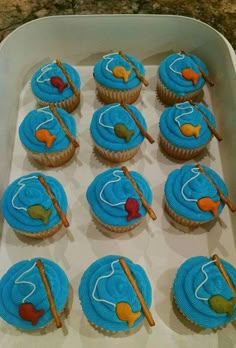 cupcakes with blue frosting in a box