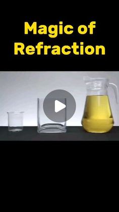 a glass pitcher filled with liquid next to two glasses on top of a table and the words, magic of refaction