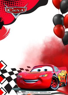 cars birthday card with balloons in the air and characters from disney pixars on it