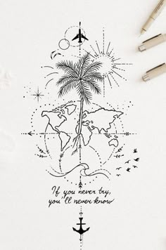 an airplane flying over the top of a map with a palm tree and compass on it