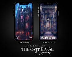 two smartphones with the screens showing an image of a gothic church and clock tower