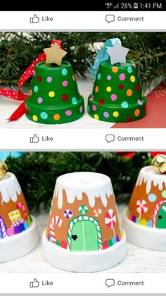 three paper plates with different designs on them and one is decorated like a gingerbread house